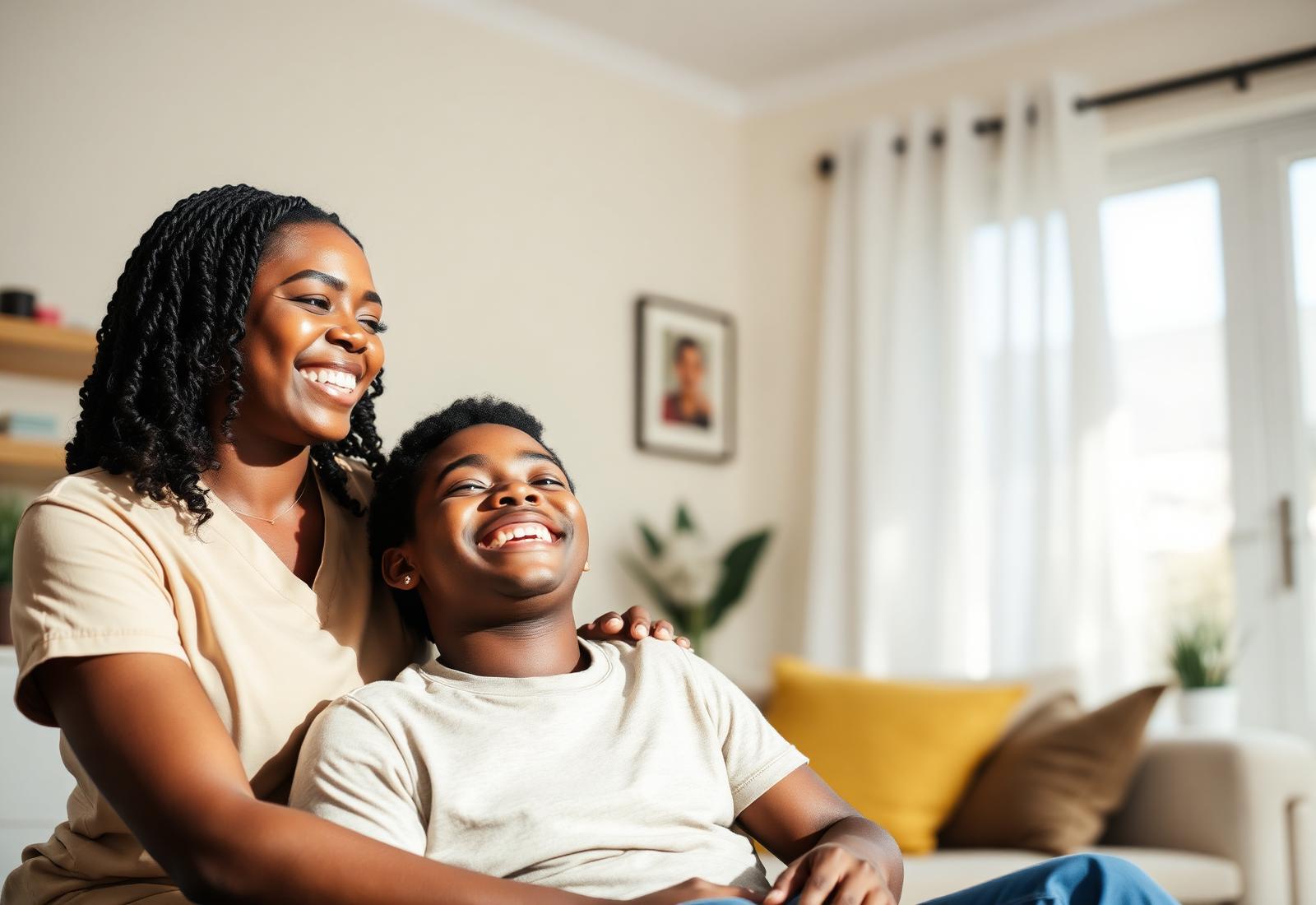 A caregiver sharing a joyful moment with a young person receiving care
